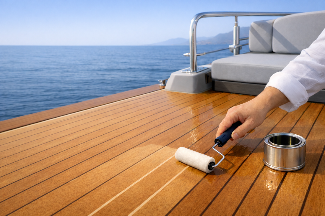 Aplicación de antifouling en cubierta de madera con brocha para proteger el casco y mejorar el rendimiento de la embarcación.