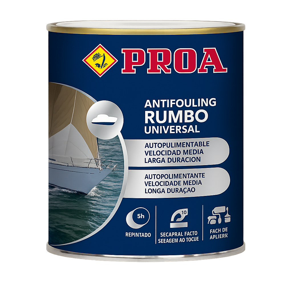 Antiincrustante autopulimentable Proa Rumbo Universal en envase metálico para proteger cascos marinos y evitar incrustaciones durante largos periodos.