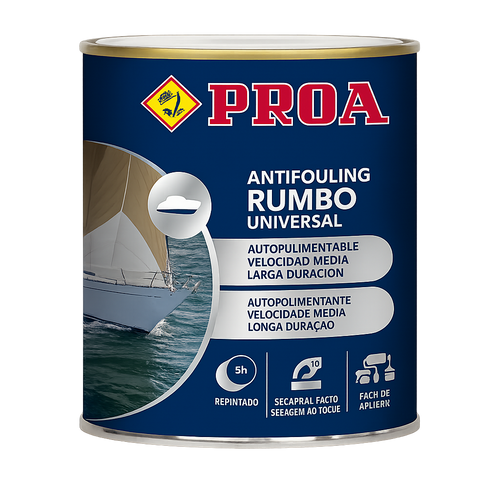 Antiincrustante autopulimentable Proa Rumbo Universal en envase metálico para proteger cascos marinos y evitar incrustaciones durante largos periodos.