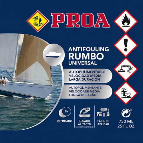 Antiincrustante autopulimentable Proa Rumbo Universal en envase metálico para proteger cascos marinos y evitar incrustaciones durante largos periodos.