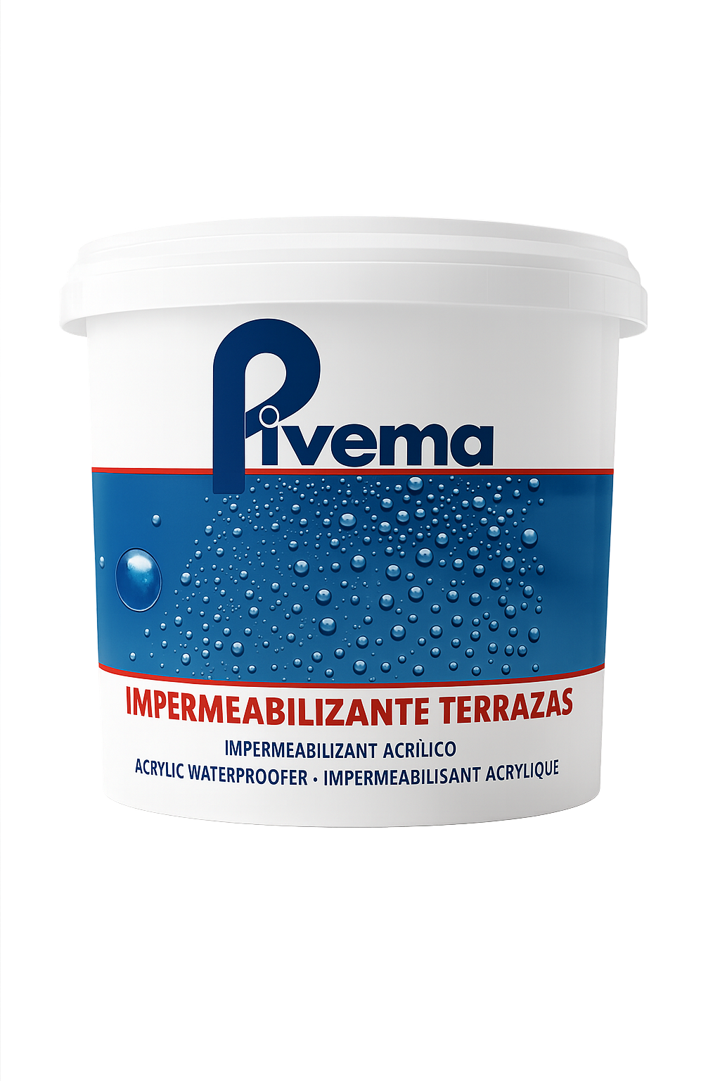 Impermeabilizante acrílico Pivema para terrazas en cubo plástico, recubrimiento elástico que sella filtraciones y protege cubiertas exteriores.