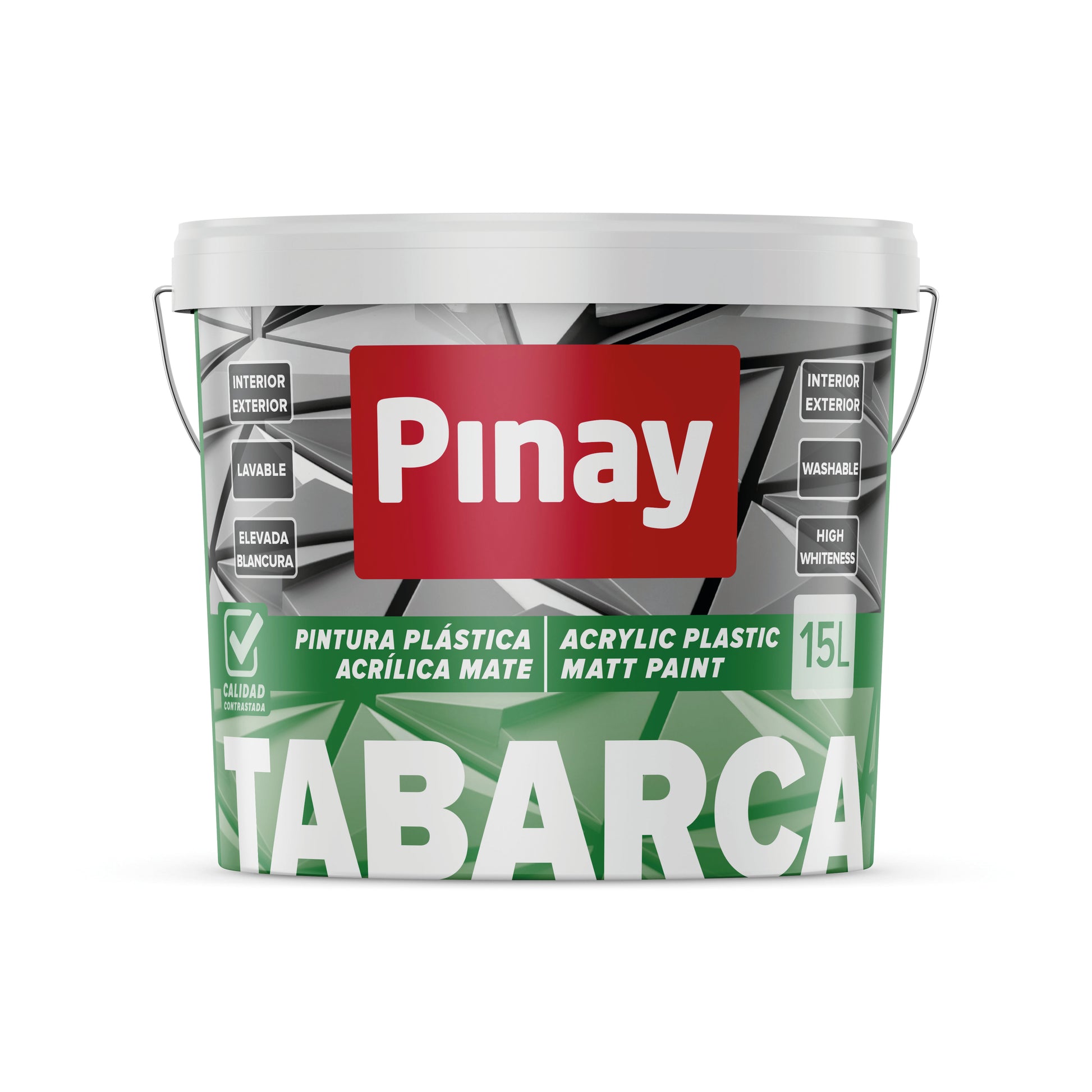 Pintura plástica acrílica mate Pinay Tabarca en cubo de 15L para uso interior y exterior con acabado blanco lavable y alta cobertura.