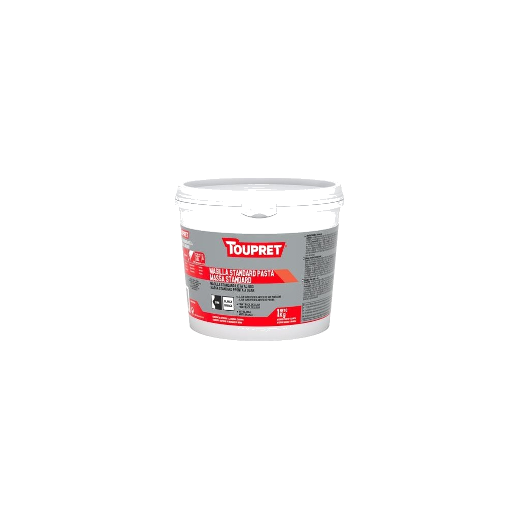 Masilla en pasta Toupret lista al uso en cubo para alisar y preparar superficies interiores con aplicación fácil y acabado fino.