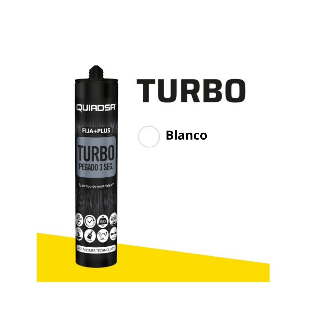 Adhesivo polímero Quiadsa Fija+Plus Turbo en cartucho blanco de pegado inmediato para fijación rápida y resistente en todo tipo de materiales.