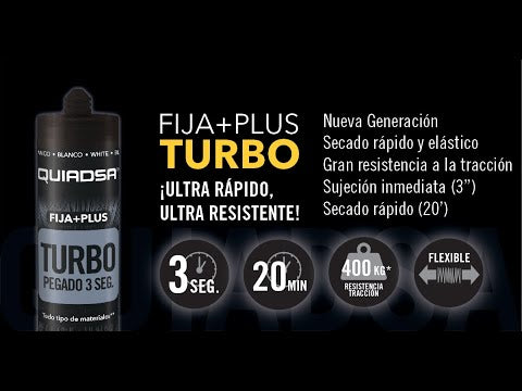 Adhesivo polímero Quiadsa Fija+Plus Turbo en cartucho blanco de pegado inmediato para fijación rápida y resistente en todo tipo de materiales.